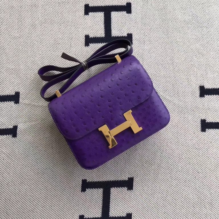 Hermes 9W Violet Ostrich Leather Constance 24cm Shoulder Bag