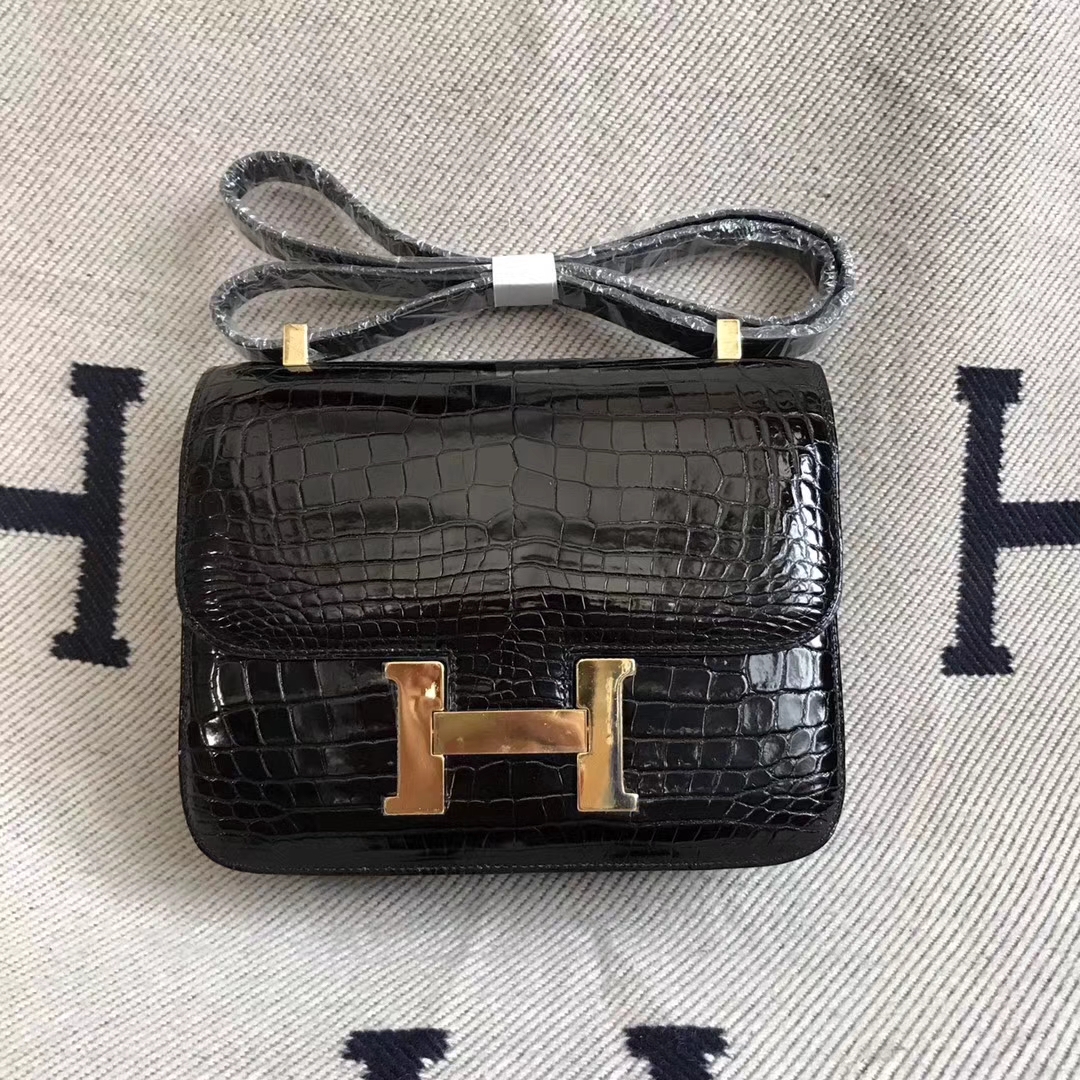 Fashion Hermes CK89 Black Shiny Crocodile Constance Shoulder Bag18cm