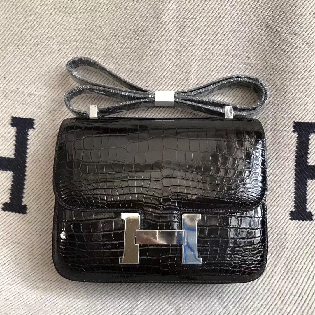 Fashion Hermes CK89 Black Shiny Crocodile Constance Shoulder Bag18cm