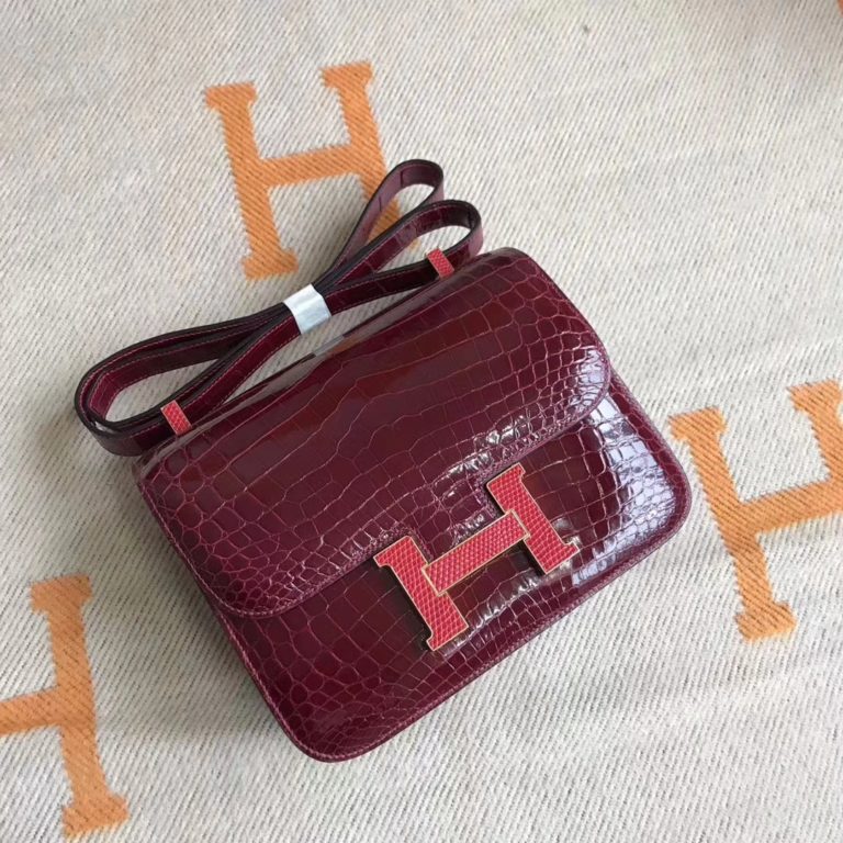 Hermes F5 Bourgogne Red Crocodile Shiny Leather Constance 24CM Bag
