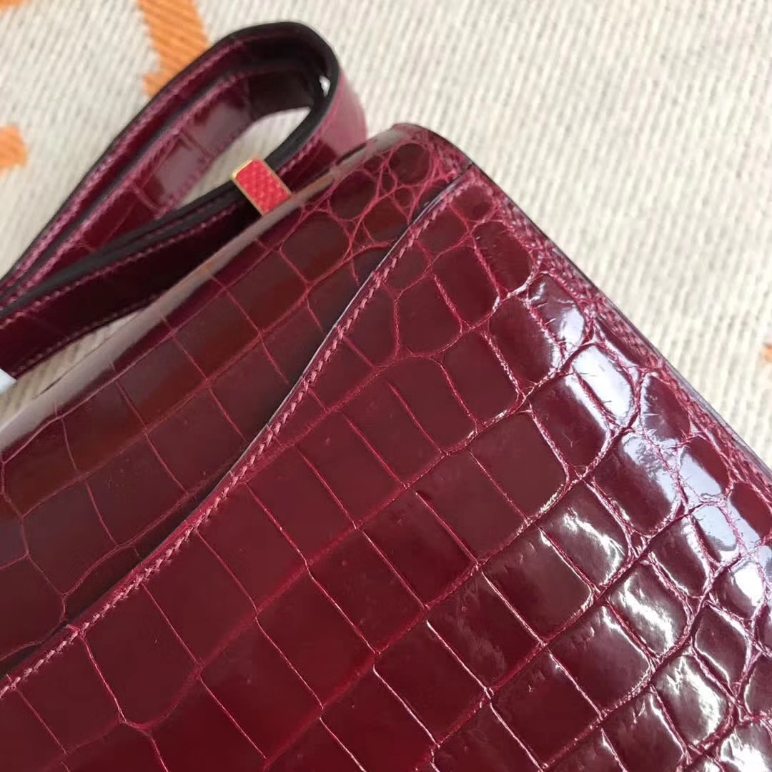 Sale Hermes F5 Bourgogne Red Crocodile Shiny Leather Constance24CM Bag