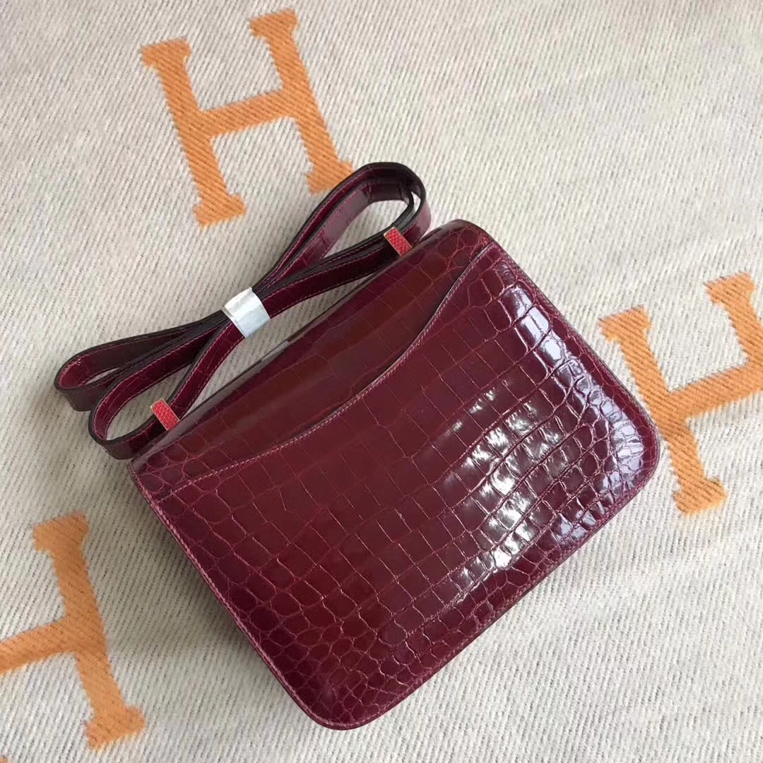 Sale Hermes F5 Bourgogne Red Crocodile Shiny Leather Constance24CM Bag