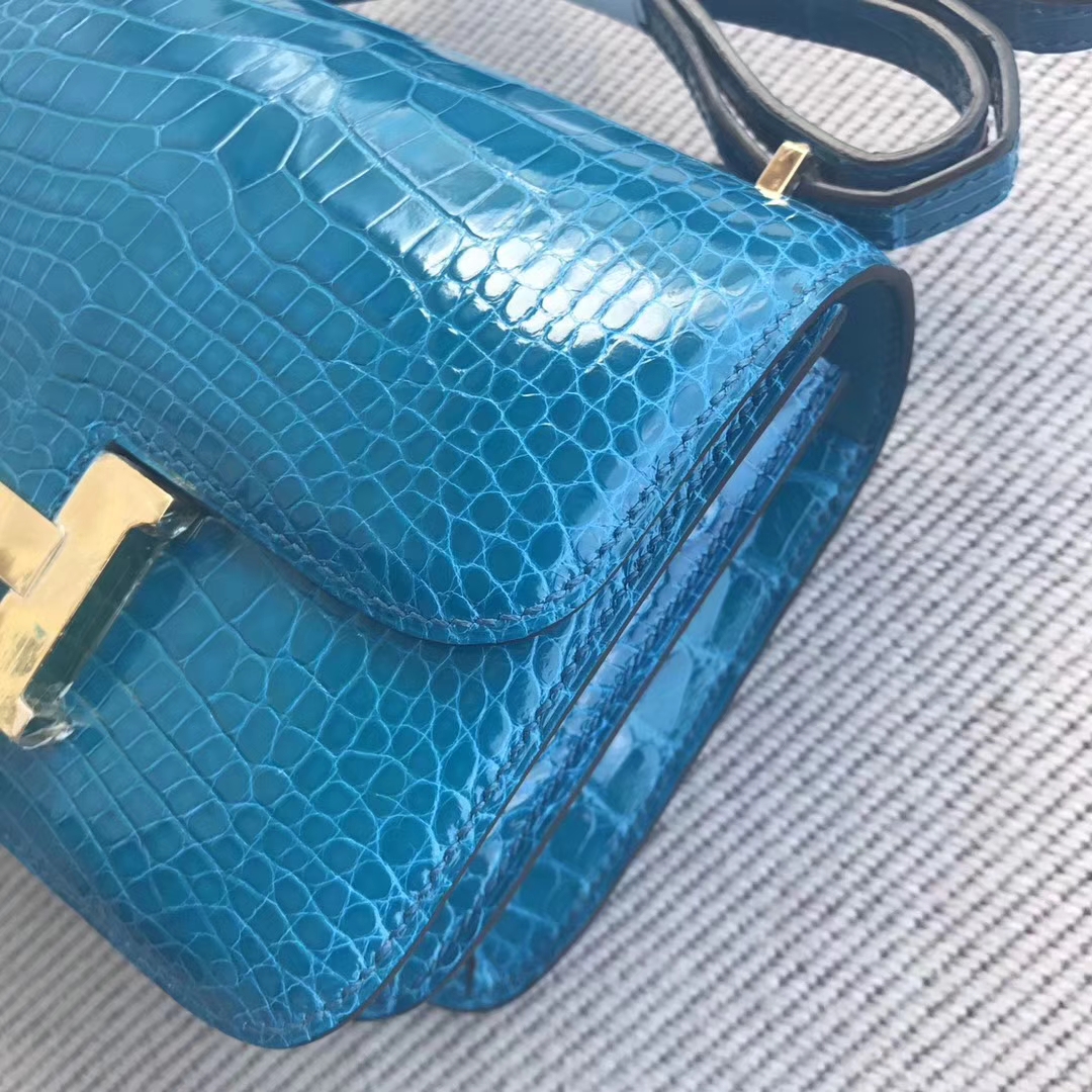 Hand Stitching Hermes 7W Blue Izmir Alligator Shiny Constance18CM Bag