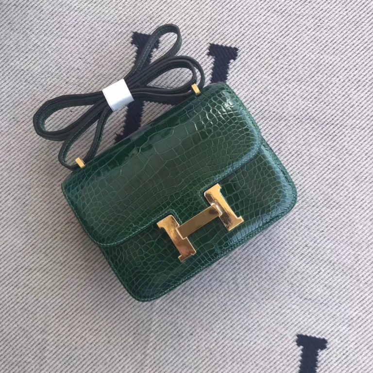 Hermes Shiny Crocodile Leather Constance Bag 18cm in CK67 Vert Fonce