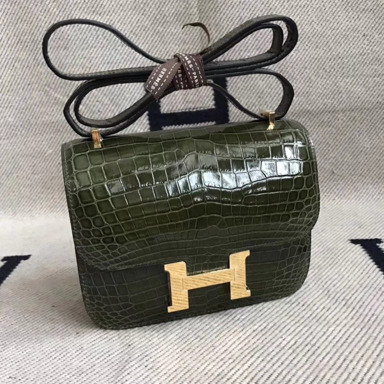 High Quality Hermes V6 Olive Green Shiny Crocodile Constance Bag 18cm