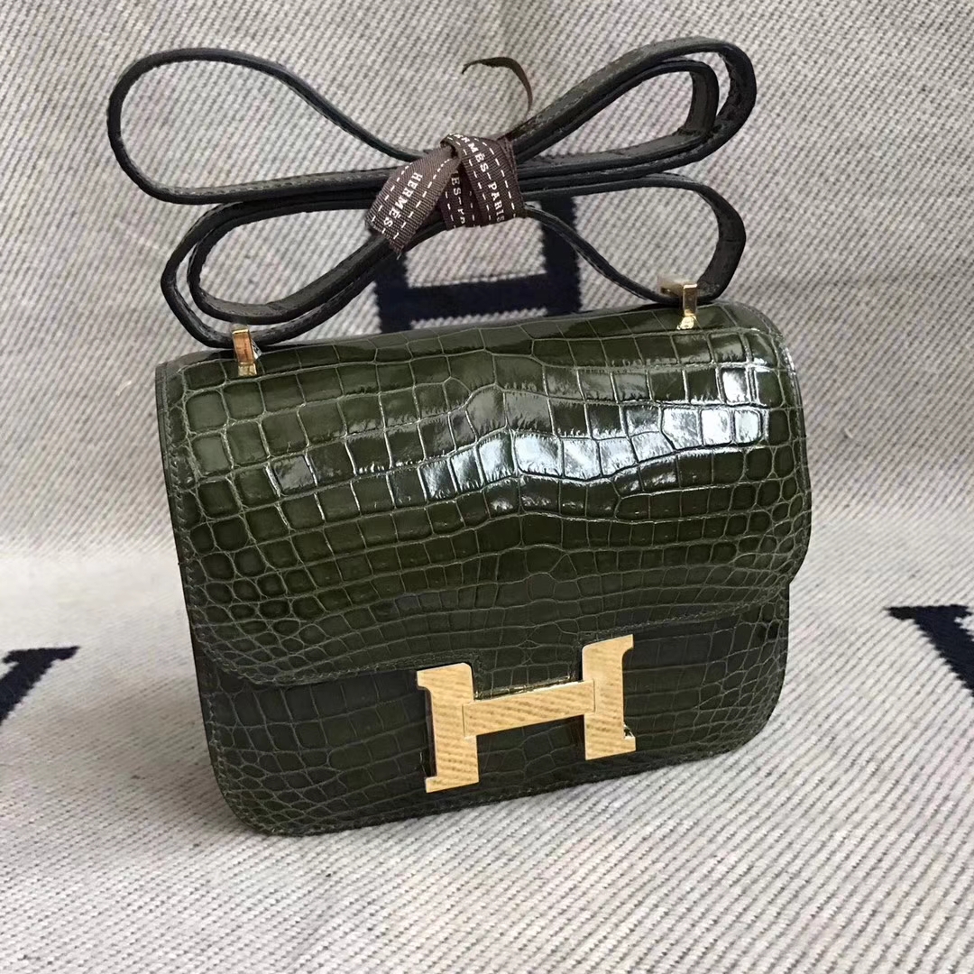 High Quality Hermes V6 Olive Green Shiny Crocodile Constance Bag18cm