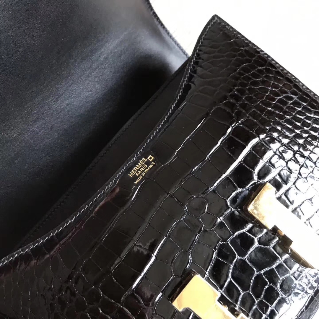 Luxury Hermes CK89 Black Shiny Crocodile Constance Bag23cm Gold Hardware