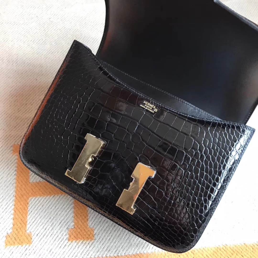 Luxury Hermes CK89 Black Shiny Crocodile Constance Bag23cm Gold Hardware