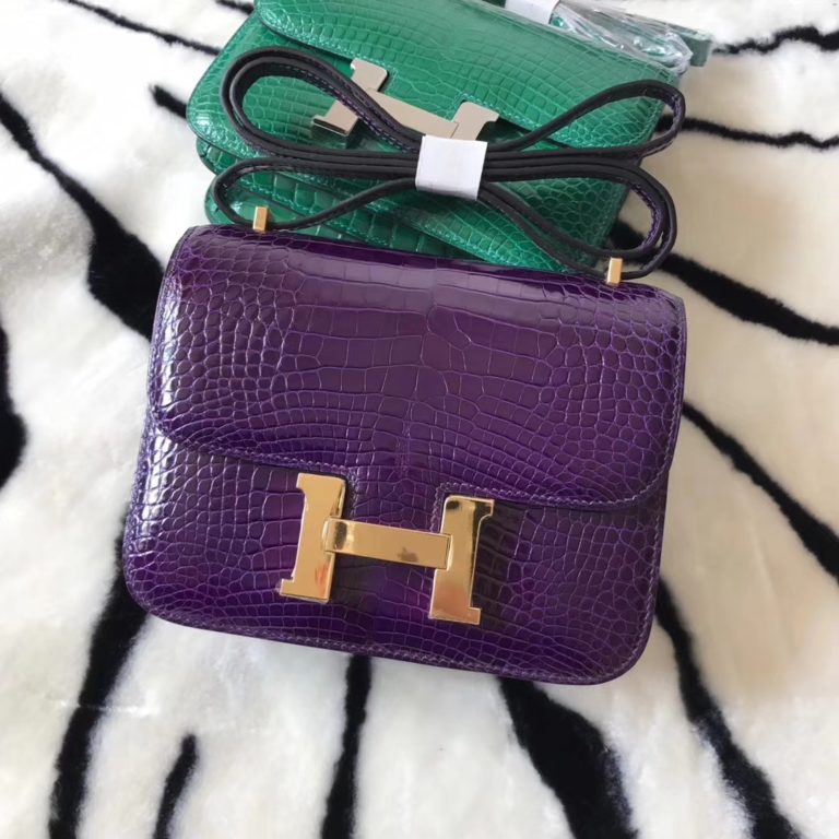 Hermes Shiny Crocodile Leather Constance Bag 18cm in 9G Amethyst Purple