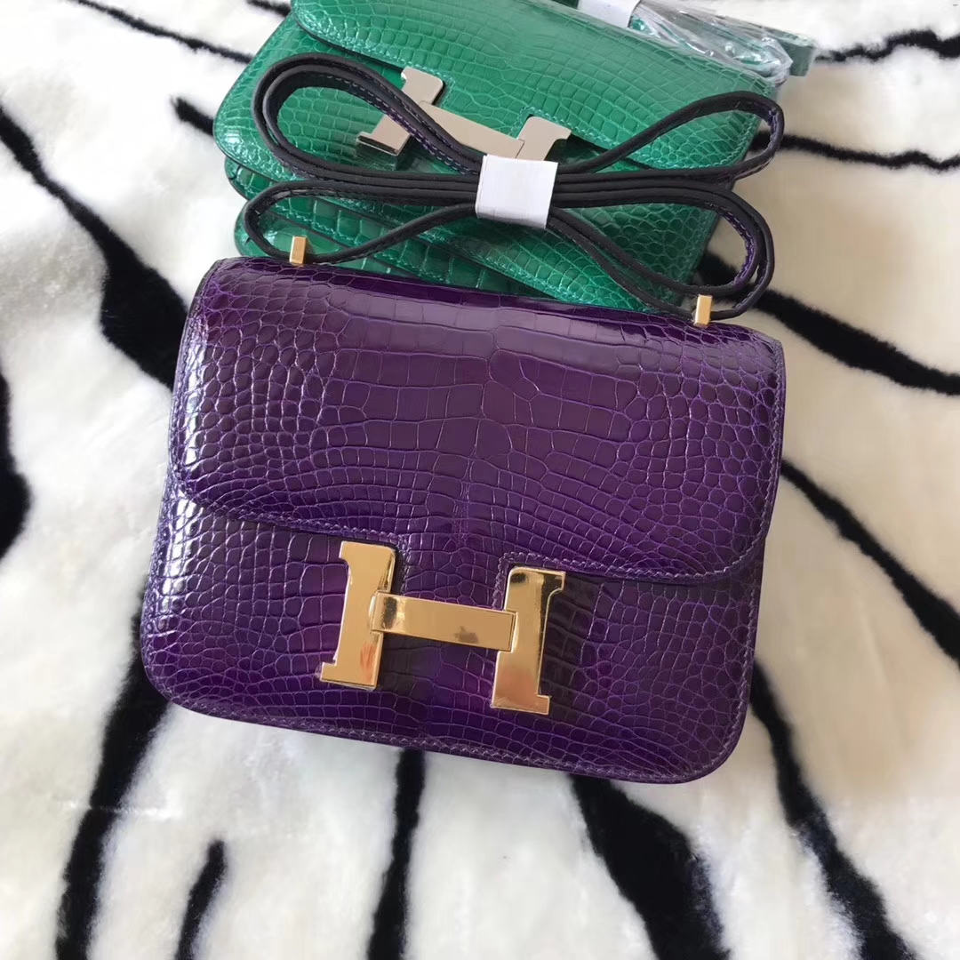 Discount Hermes Shiny Crocodile Leather Constance Bag18cm in 9G Amethyst Purple