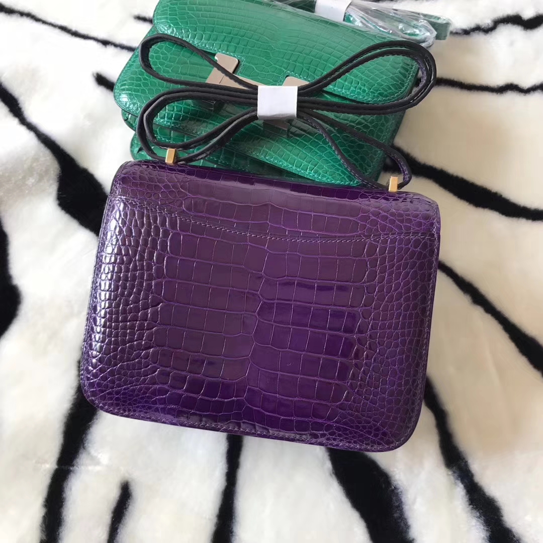 Discount Hermes Shiny Crocodile Leather Constance Bag18cm in 9G Amethyst Purple