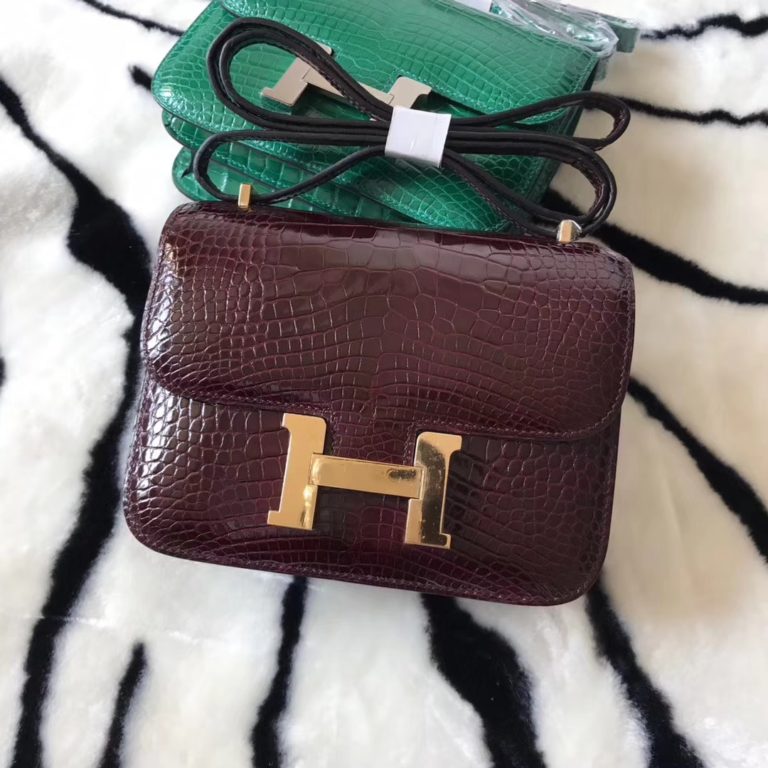 Hermes Constance Bag  18CM in CK57 Bordeaux Red Shiny Crocodile Leather