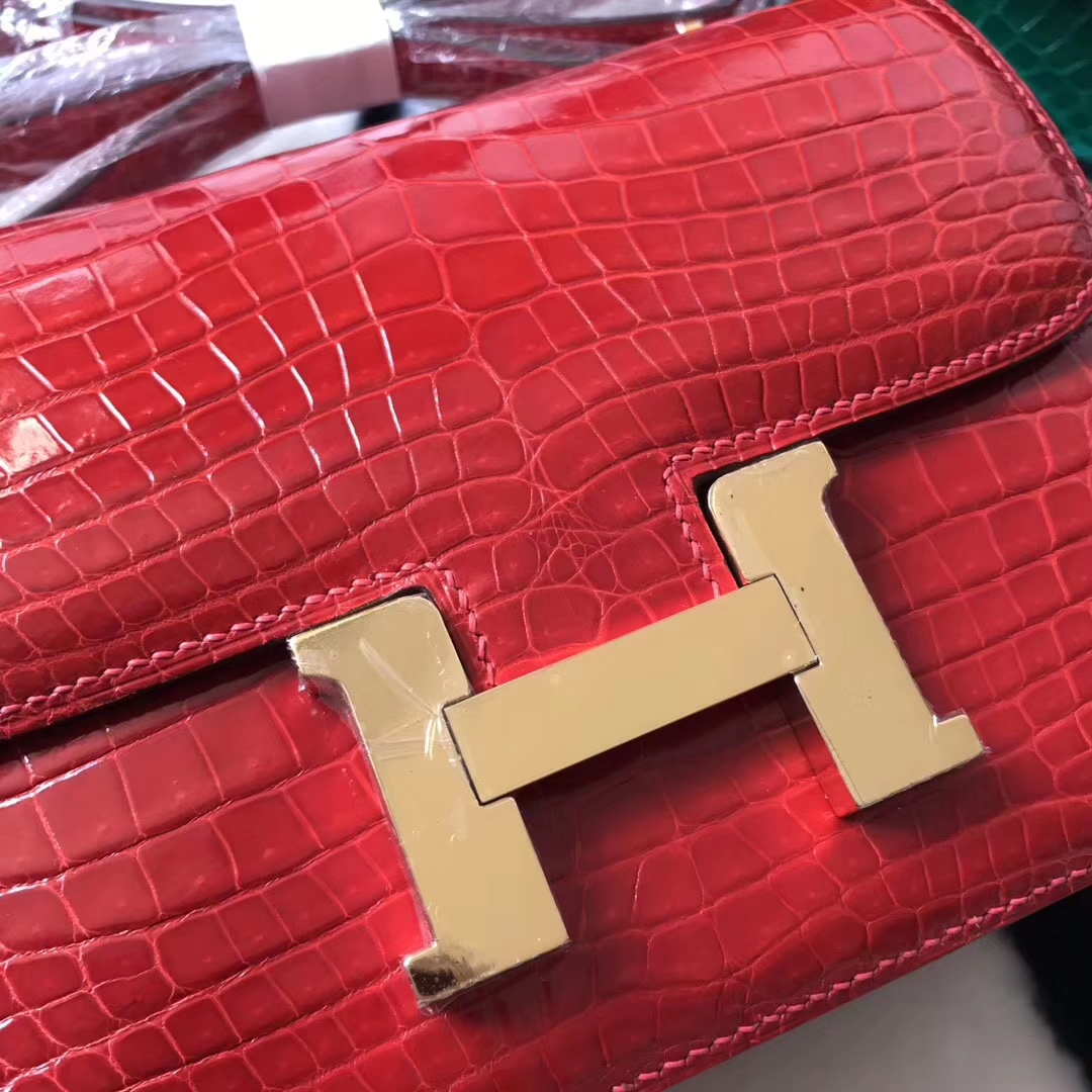 Cheap Hermes CK95 Braise Red Shiny Crocodile Leather Constance Shoulder Bag18CM