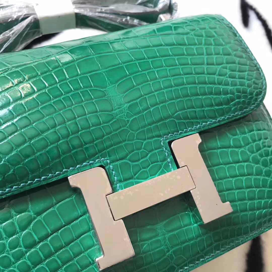 Fashion Hermes 6Q Emerald Green Alligator Shiny Crocodile Constance18CM Bag