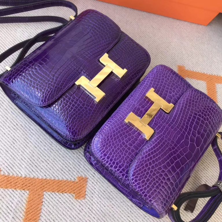 Hermes 9W Violet & 5L Ultraviolet Shiny Crocodile Leather Constance 18CM Bag