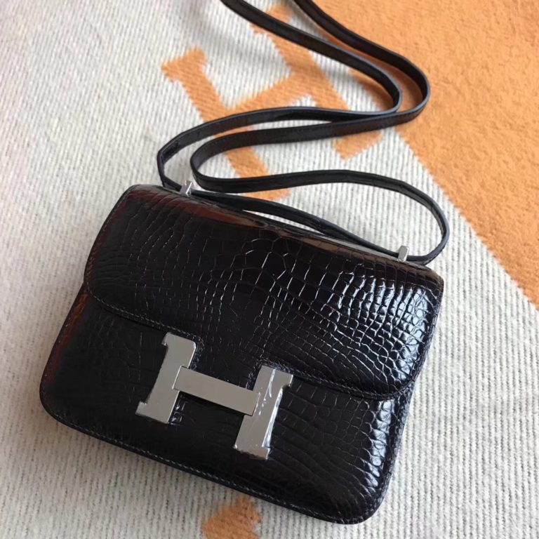 Hermes CK89 Black Shiny Crocodile Leather Constance Shoulder Bag 19cm