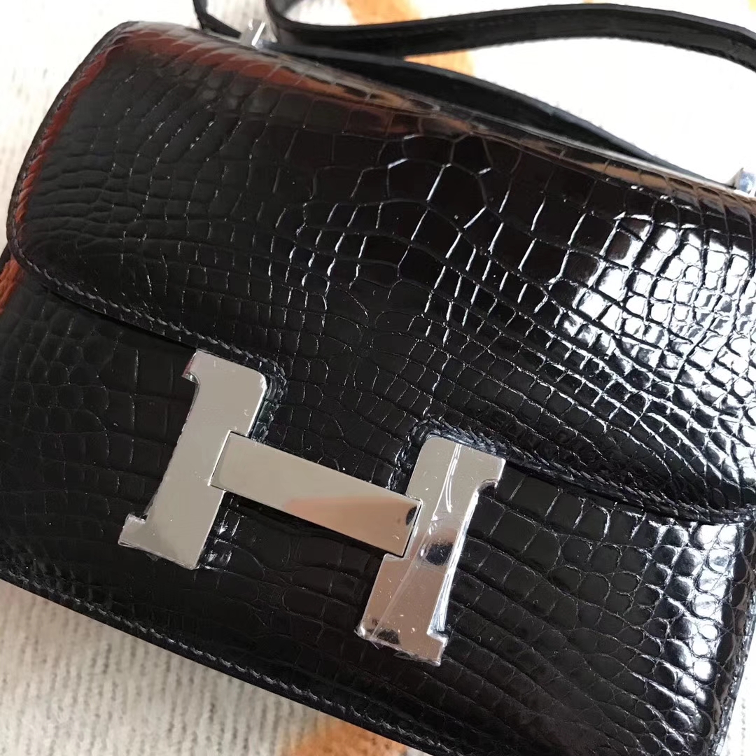 Sale Hermes CK89 Black Shiny Crocodile Leather Constance Shoulder Bag19cm