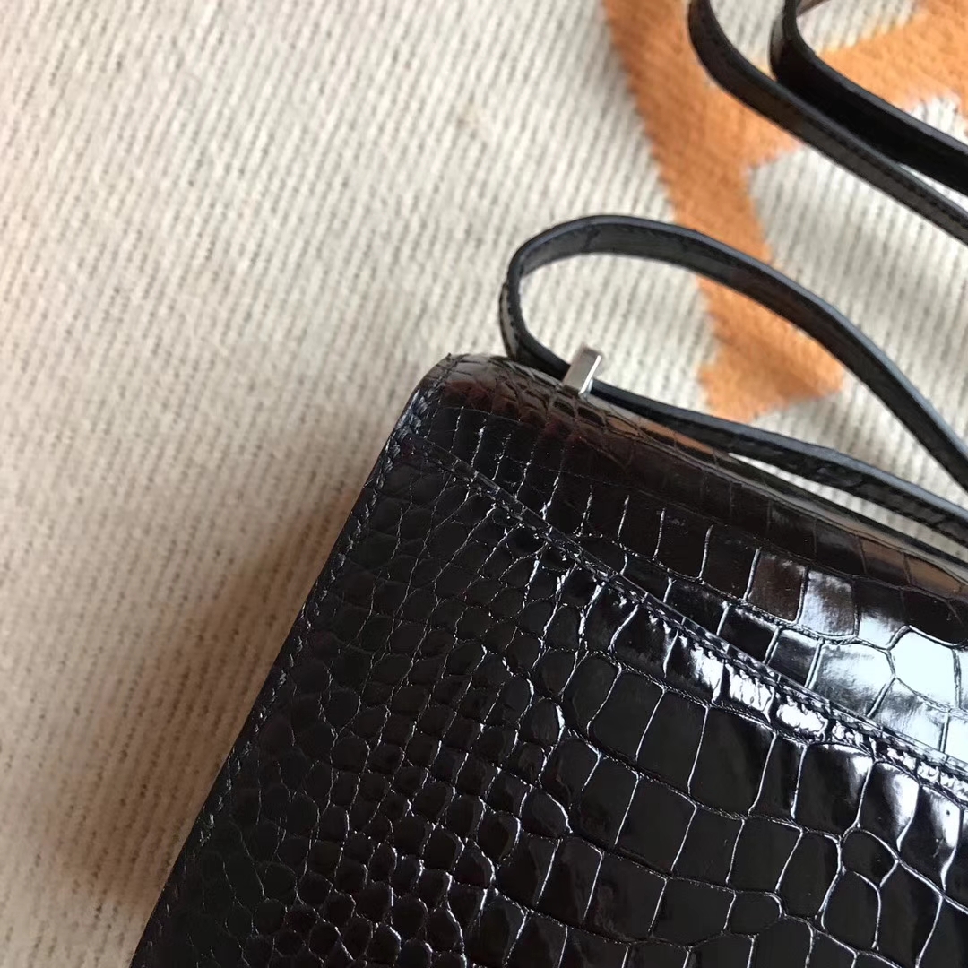Sale Hermes CK89 Black Shiny Crocodile Leather Constance Shoulder Bag19cm
