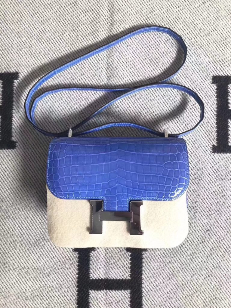 Hermes Blue Shiny Crocodile Leather Constance Bag 19cm Silver Hardware