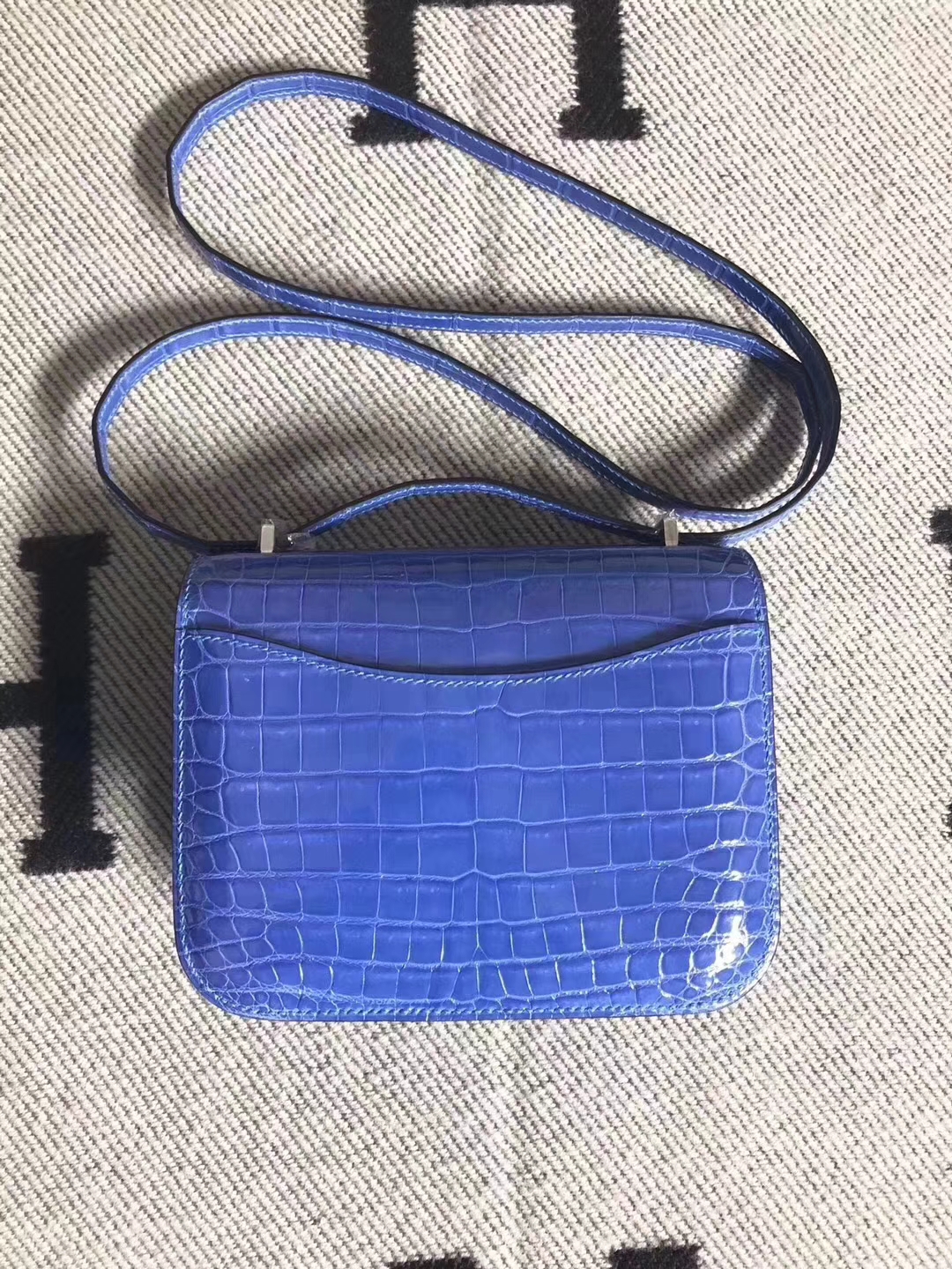 Noble Hermes Blue Shiny Crocodile Leather Constance Bag19cm Silver Hardware