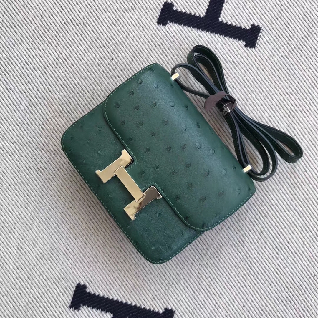 Elegant Hermes Ostrich Leather Constance Bag19CM in Z6 Malachite Green