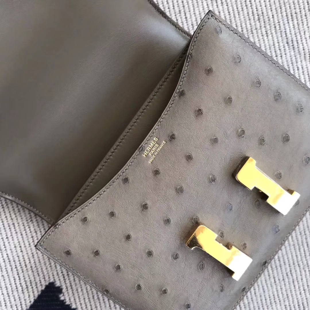 Sale Hermes M8 Pitch Grey Ostrich Leather Constance Bag19CM Gold Hardware