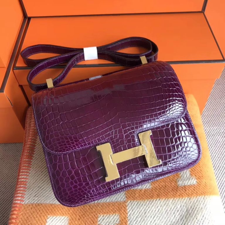 Hermes Shiny Crocodile Constance Bag 24CM in N5 Cassis Purple Gold Hardware