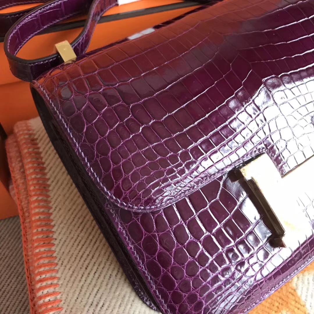 Luxury Hermes Shiny Crocodile Constance Bag24CM in N5 Cassis Purple Gold Hardware