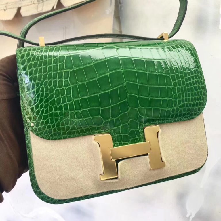 Hermes 1T Vert Tipien Shiny Crocodile Leather Constance Bag 18/ 24cm