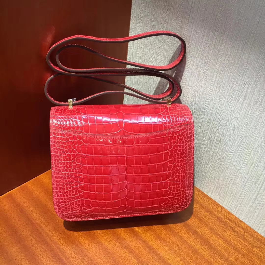 New Arrival Hermes A5 Bougainvillier Red Shiny Crocodile Constance19CM Bag