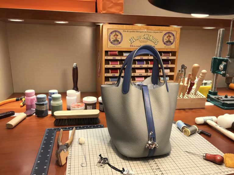 Hermes Clemence Calf Picotin 18/ 22CM Bag in 4Z Gris Mouette & R2 Blue Agate