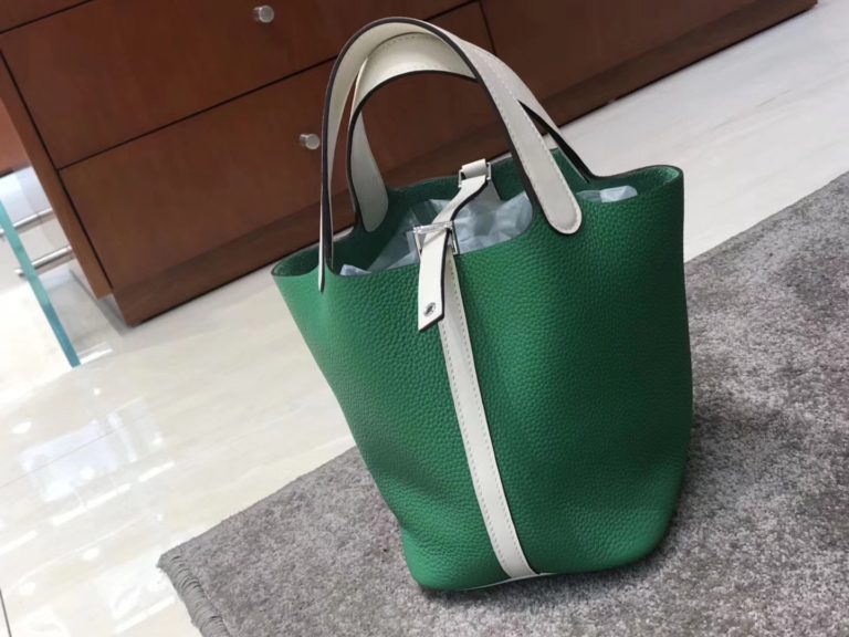 Disount Hermes Clemence Calf Picotin Bag in Vert Bamboo & Gris Pearl Silver Hardware