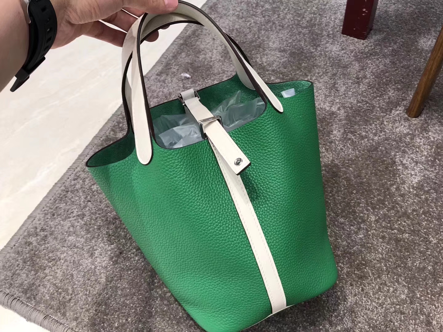 Disount Hermes Clemence Calf Picotin Bag in Vert Bamboo &#038; Gris Pearl Silver Hardware