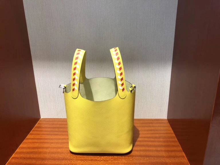 Hermes 9O Jaune de Naples Epsom Picotin 18CM Bag with Knitted Handle Silver Hardware