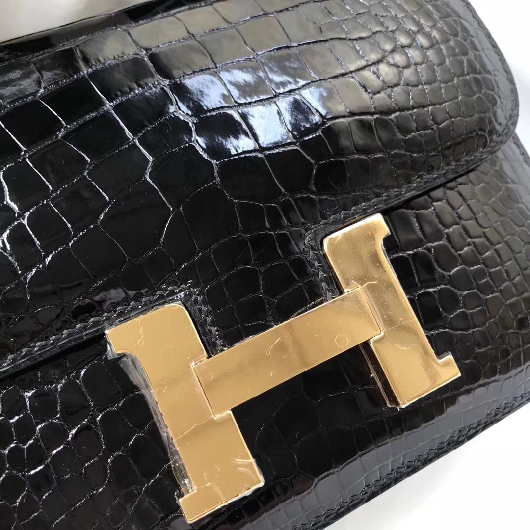 Wholesale Hermes CK89 Black Shiny Crocodile Leather Constance Bag18CM Gold Hardware