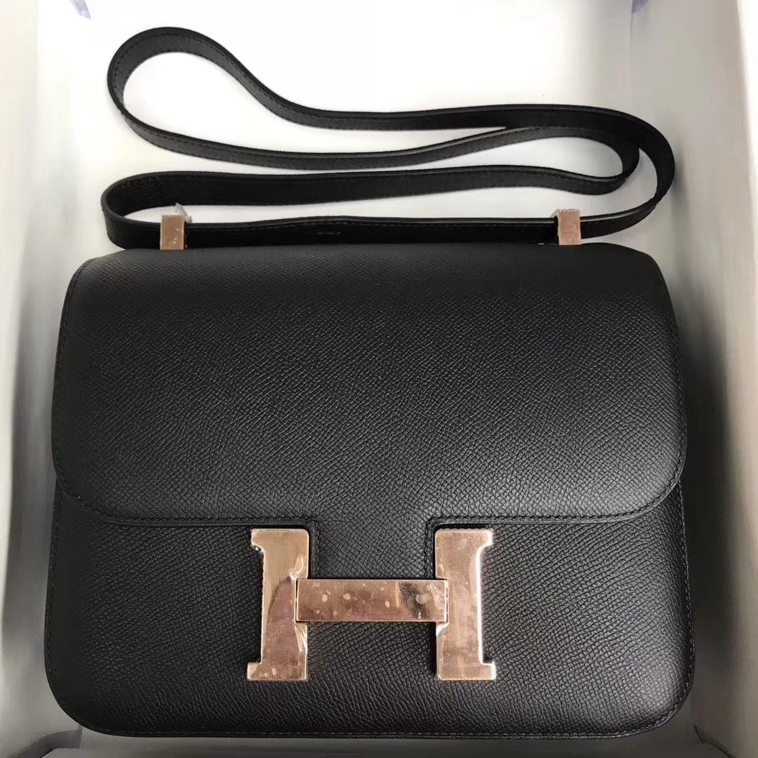 Fashion Hermes CK89 Black Epsom Calf Constance18cm Bag Rose Gold Hardware
