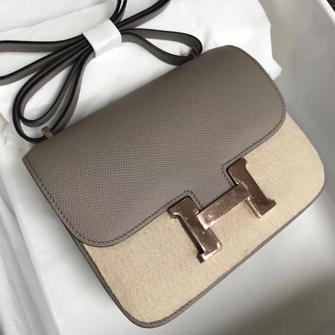 Fashion Hermes M8 Pitch Grey Epsom Calf Leather Constance Bag Rose Gold Hardware