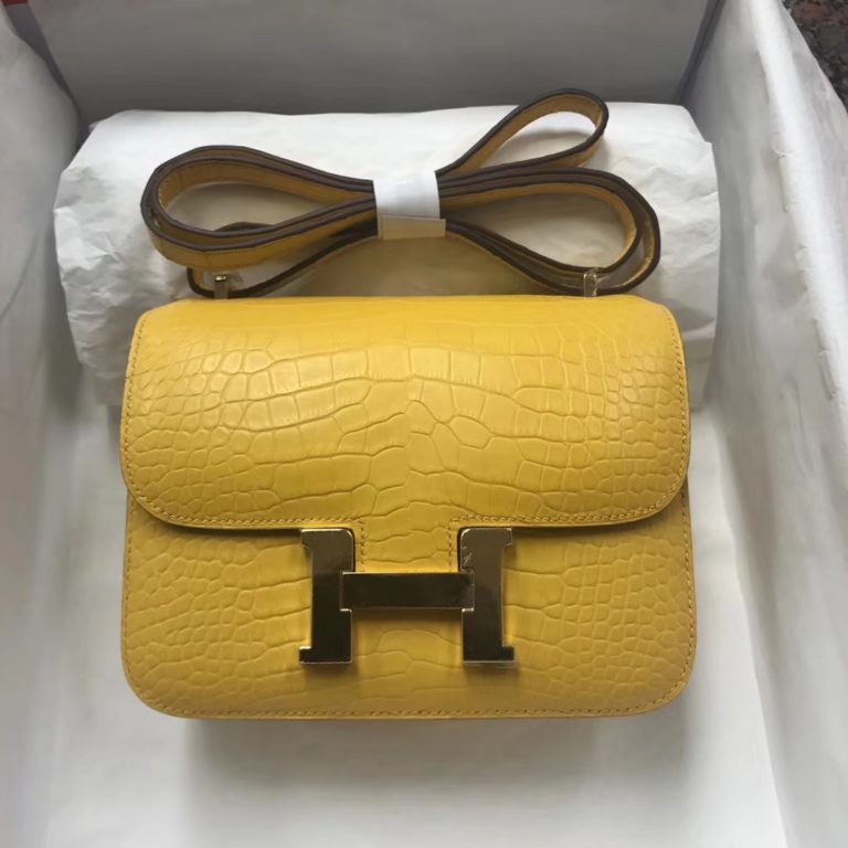 Hermes Matt Crocodile Constance 18cm Bag in 9D Ambre Yellow