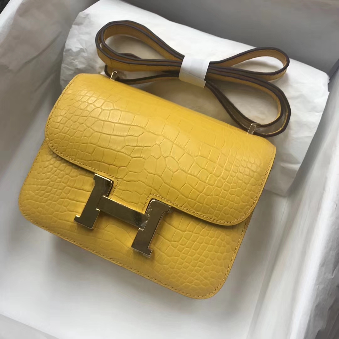Pretty Hermes Matt Crocodile Constance18cm Bag in 9D Ambre Yellow