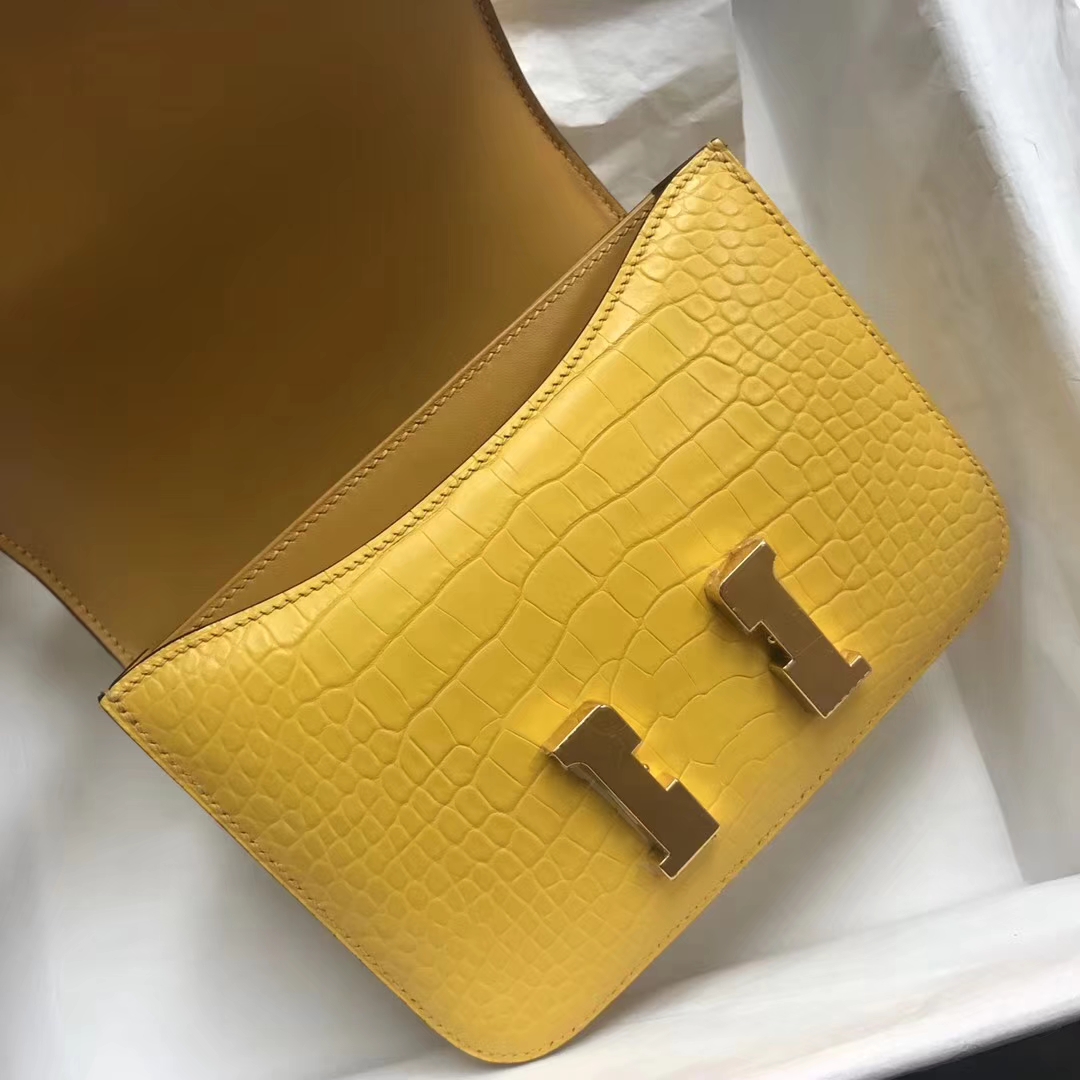 Pretty Hermes Matt Crocodile Constance18cm Bag in 9D Ambre Yellow