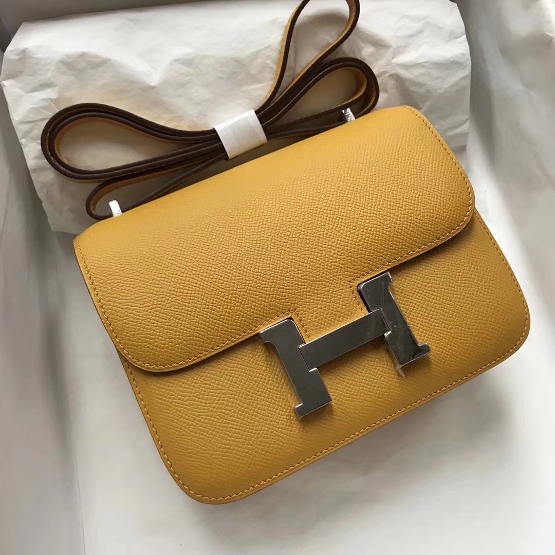 Fashion Hermes 9D Ambre Yellow Epsom Calf Constance18CM Bag Silver Hardware