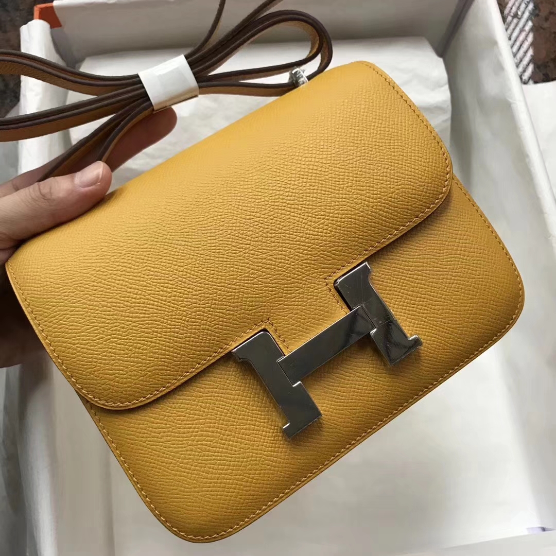 Fashion Hermes 9D Ambre Yellow Epsom Calf Constance18CM Bag Silver Hardware