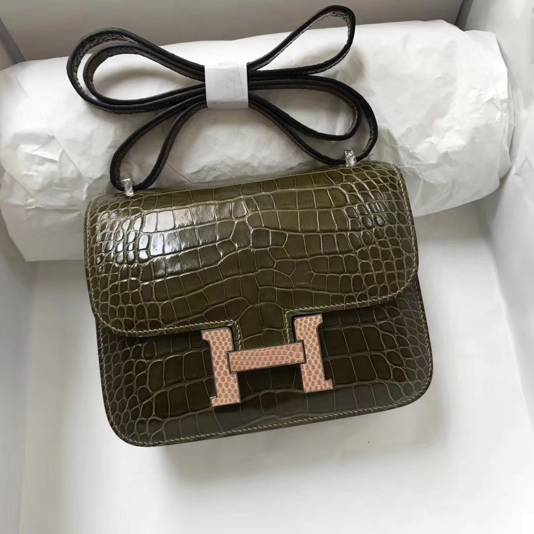 Luxury Hermes 6H Olive Green Shiny Crocodile Constance Bag18CM Lizard Gold Hardware