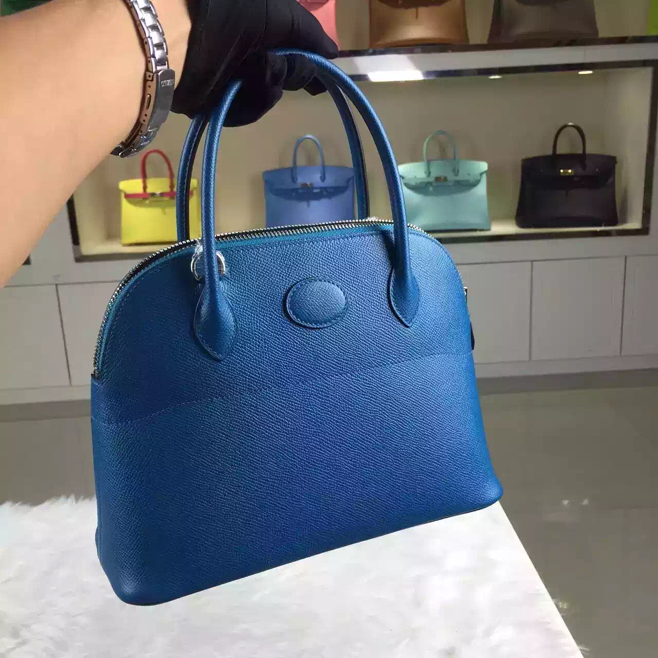 Hermes 7W Blue Izmir France Epsom Leather Bolide Bag Ladies Tote Bag