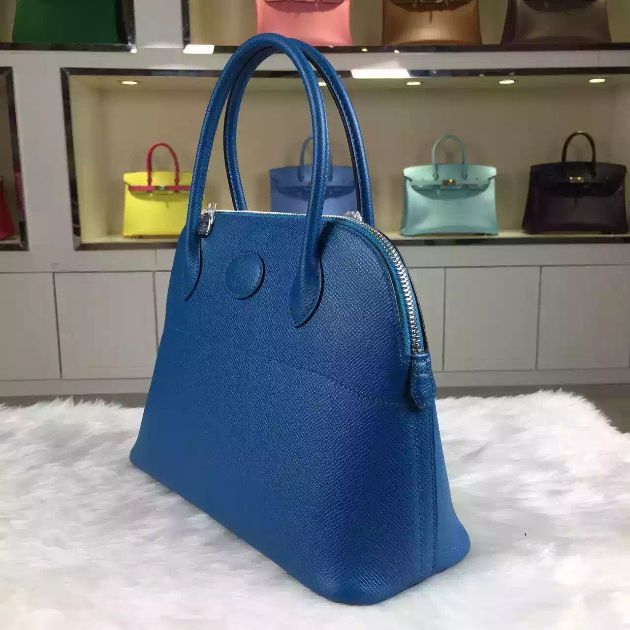 Wholesale Hermes 7W Blue Izmir France Epsom Leather Bolide Bag Ladies&#8217; Tote Bag27CM