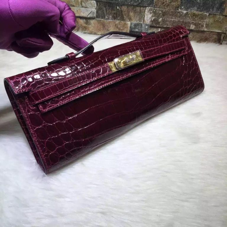 Hermes Kelly Cut Bordeaux Crocodile Leather Womens Clutch Bag 31CM