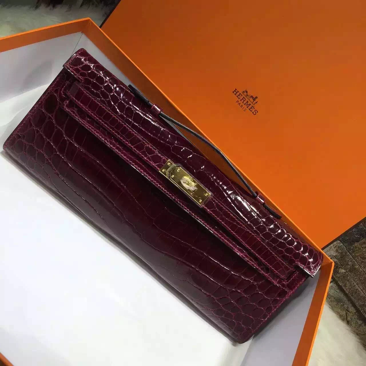 Sale Hermes Kelly Cut Bordeaux Crocodile Leather Women&#8217;s Clutch Bag31CM