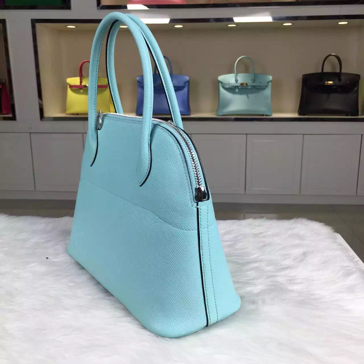 Luxury Hermes 3P Lagon Blue France Epsom Calfskin Leather Bolide Bag 27CM