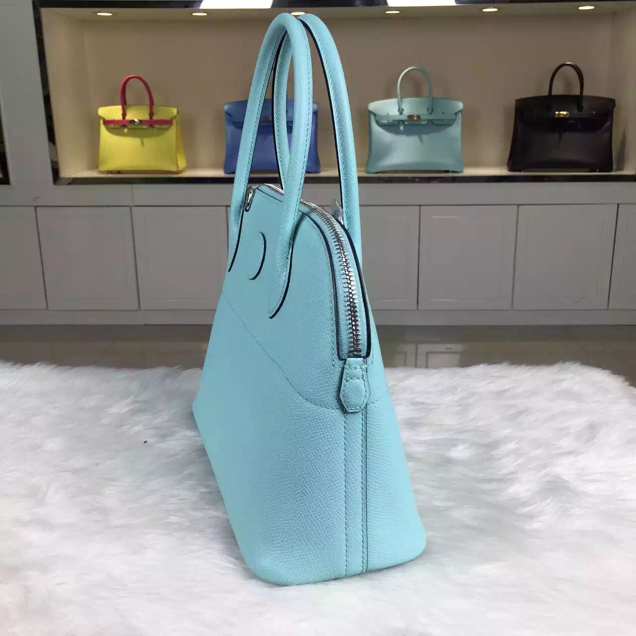 Luxury Hermes 3P Lagon Blue France Epsom Calfskin Leather Bolide Bag 27CM