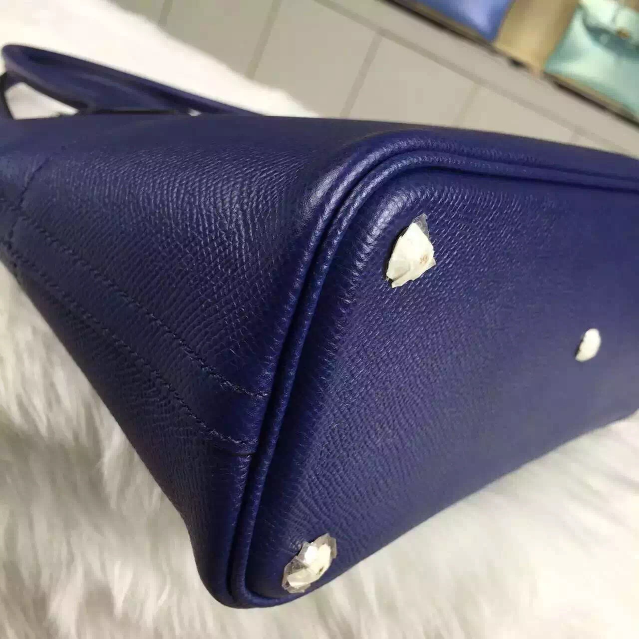 Hand Stitching Hermes 7K Blue Saphir Original Epsom Leather Bolide Bag 27CM